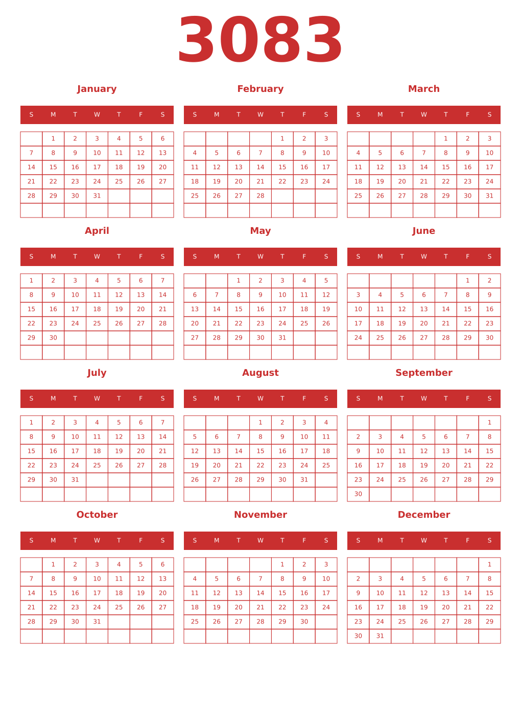 Printable 3083 Year Calendars red