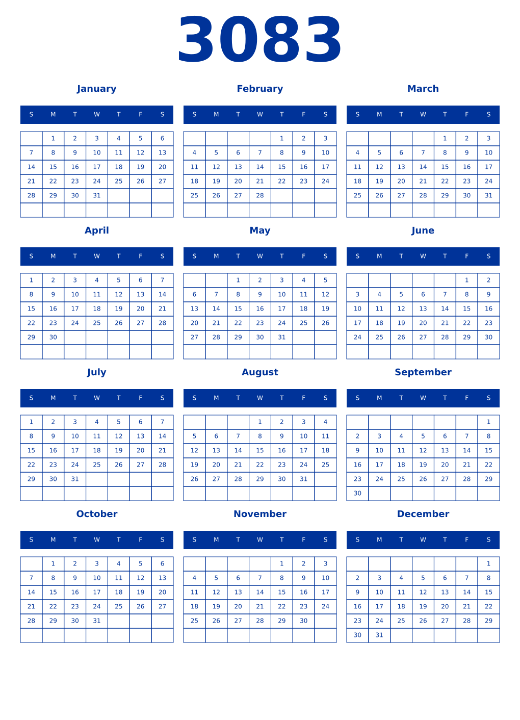 Printable 3083 Year Calendars smalt