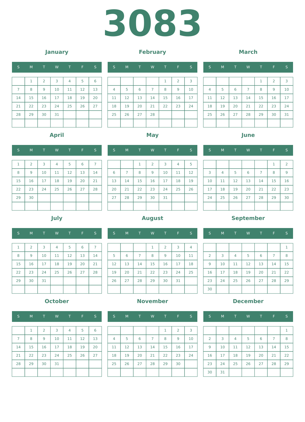 Printable 3083 Year Calendars viridian