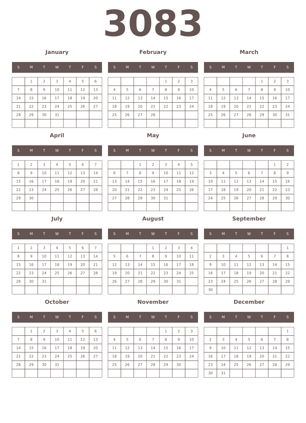 Printable 3083 Year Calendars wenge