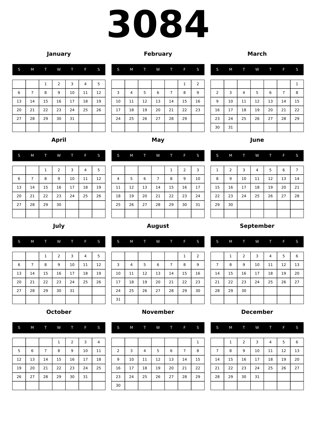 Printable 3084 Year Calendars black