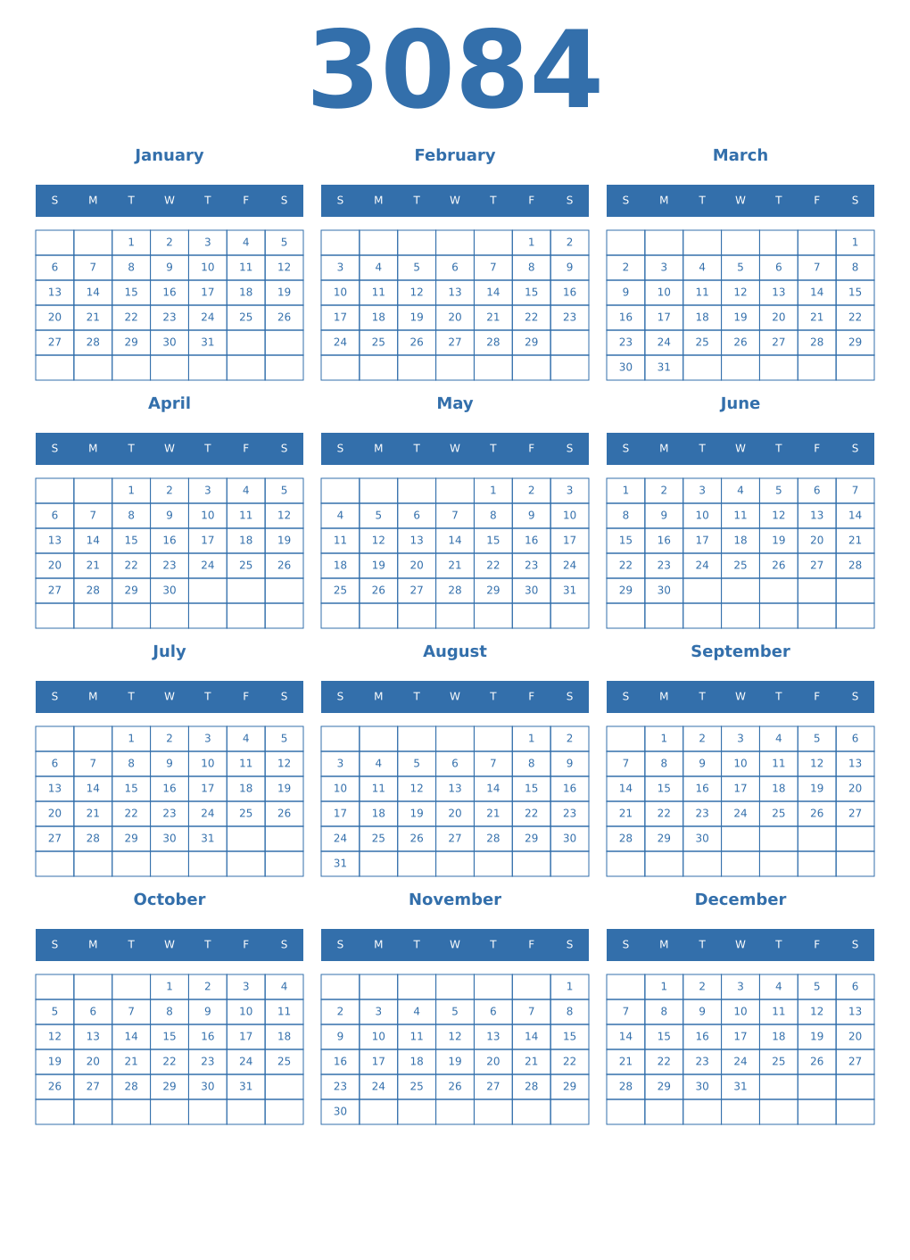 Printable 3084 Year Calendars blue
