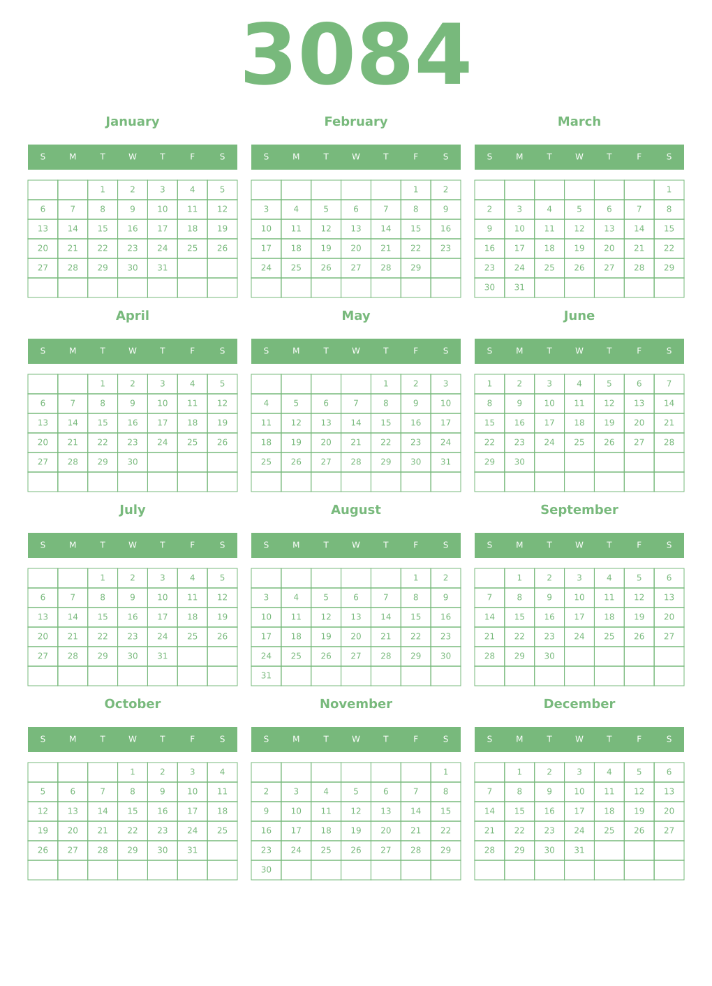 Printable 3084 Year Calendars celadon