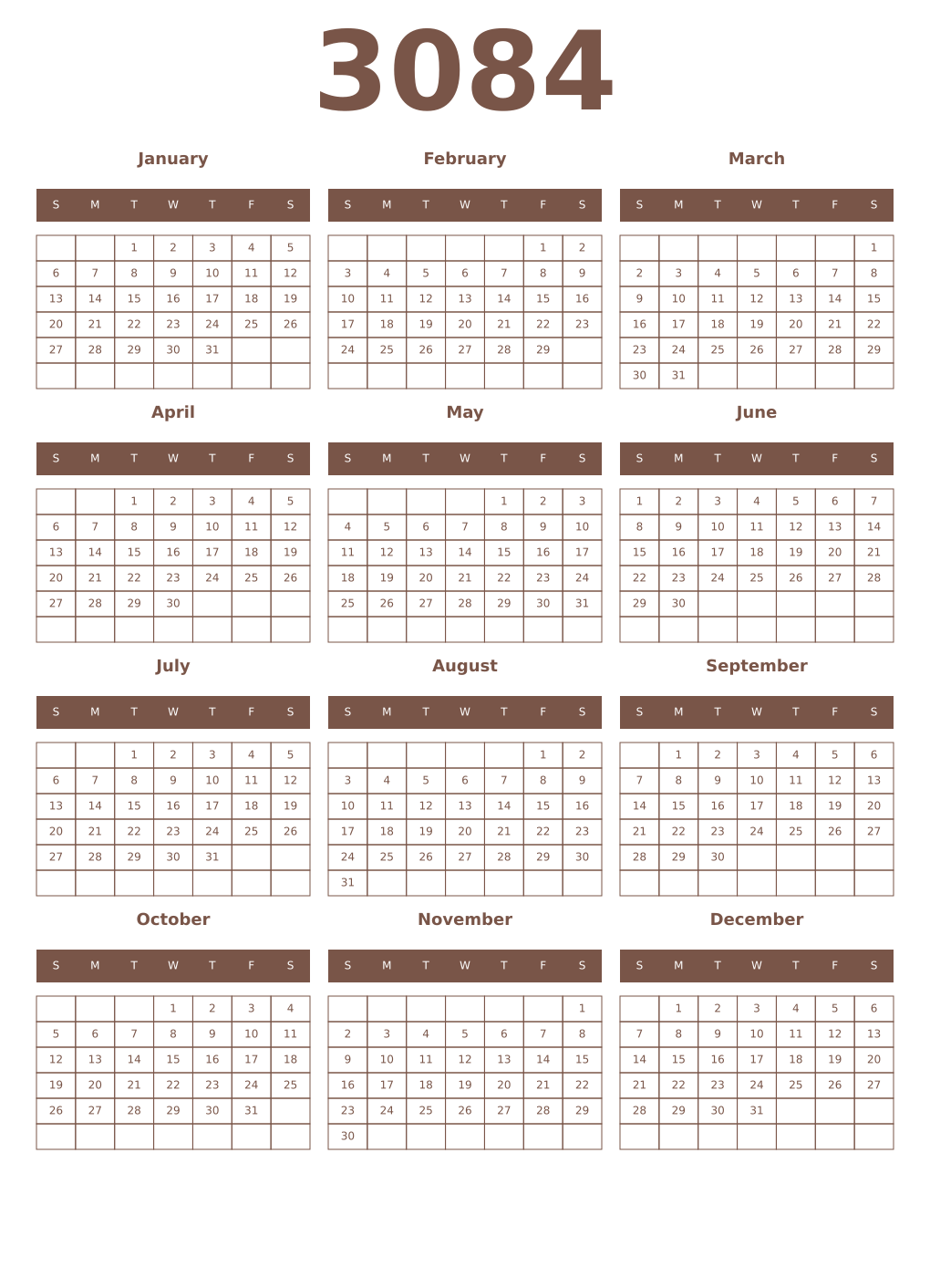 Printable 3084 Year Calendars coffe