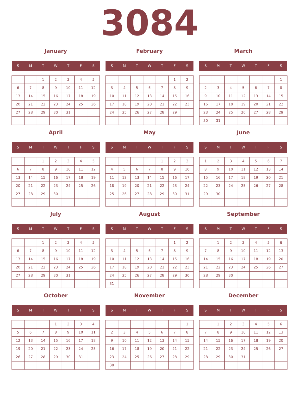 Printable 3084 Year Calendars cordovan