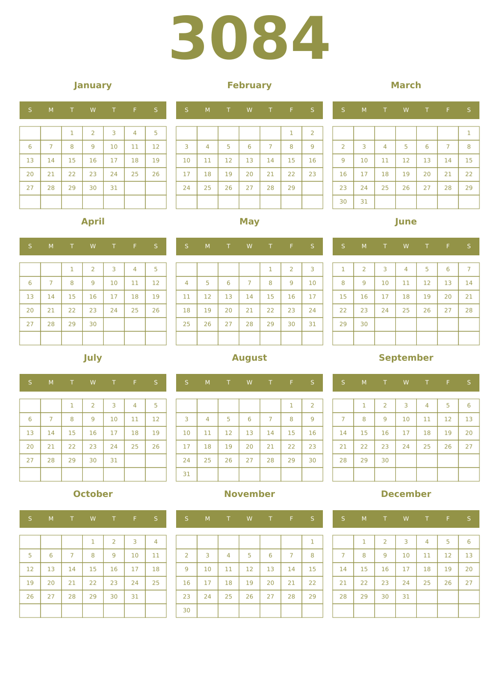 Printable 3084 Year Calendars eburnean