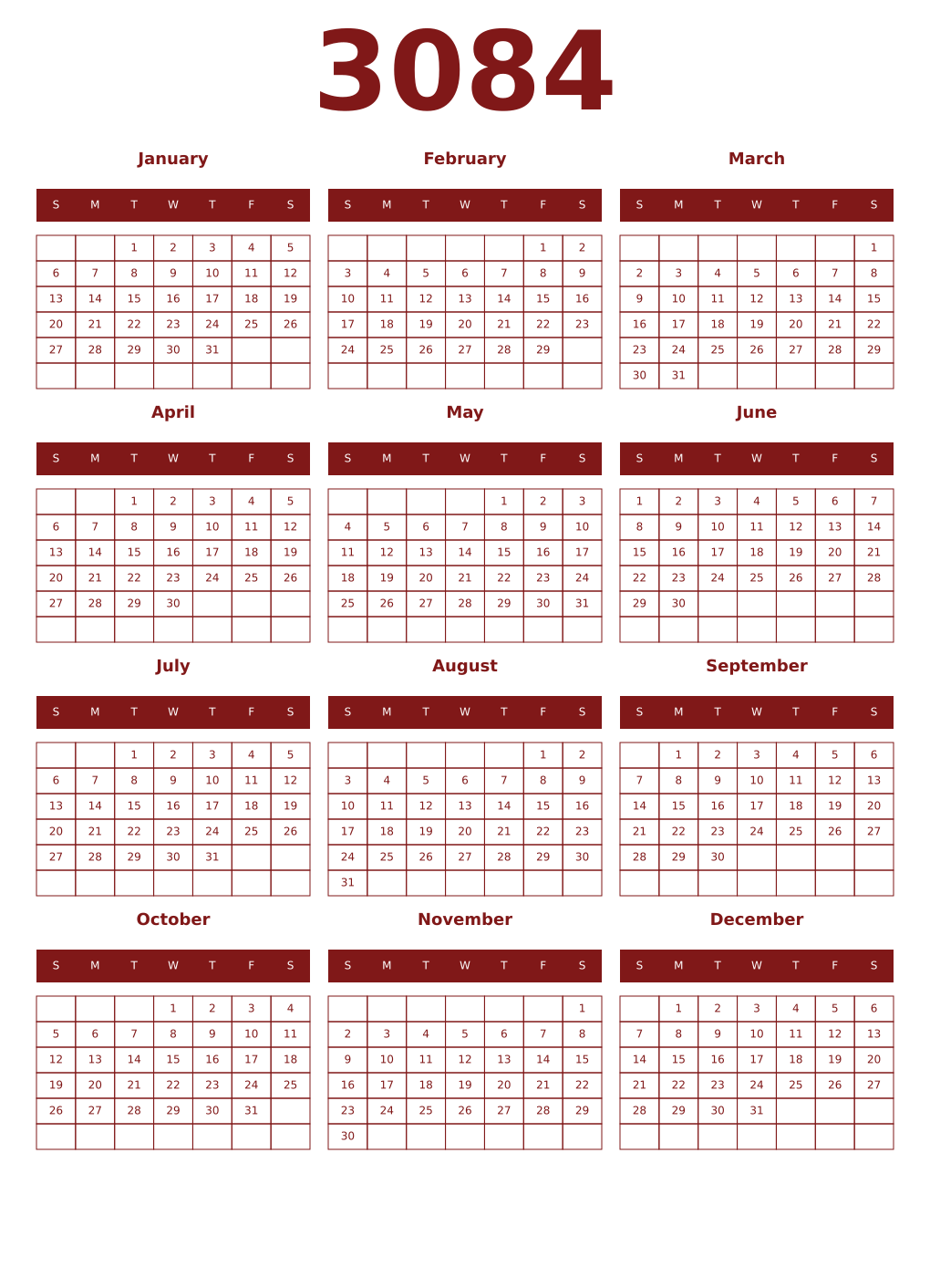 Printable 3084 Year Calendars falu
