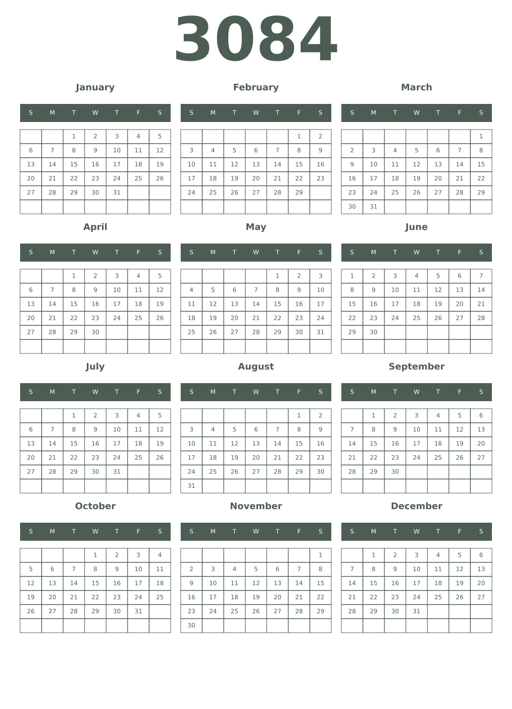 Printable 3084 Year Calendars feldgrau