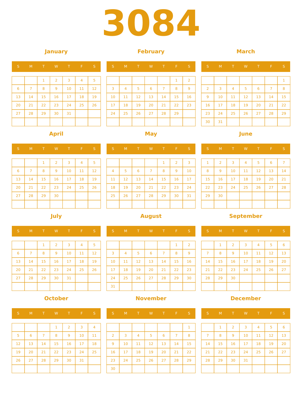 Printable 3084 Year Calendars gamboge