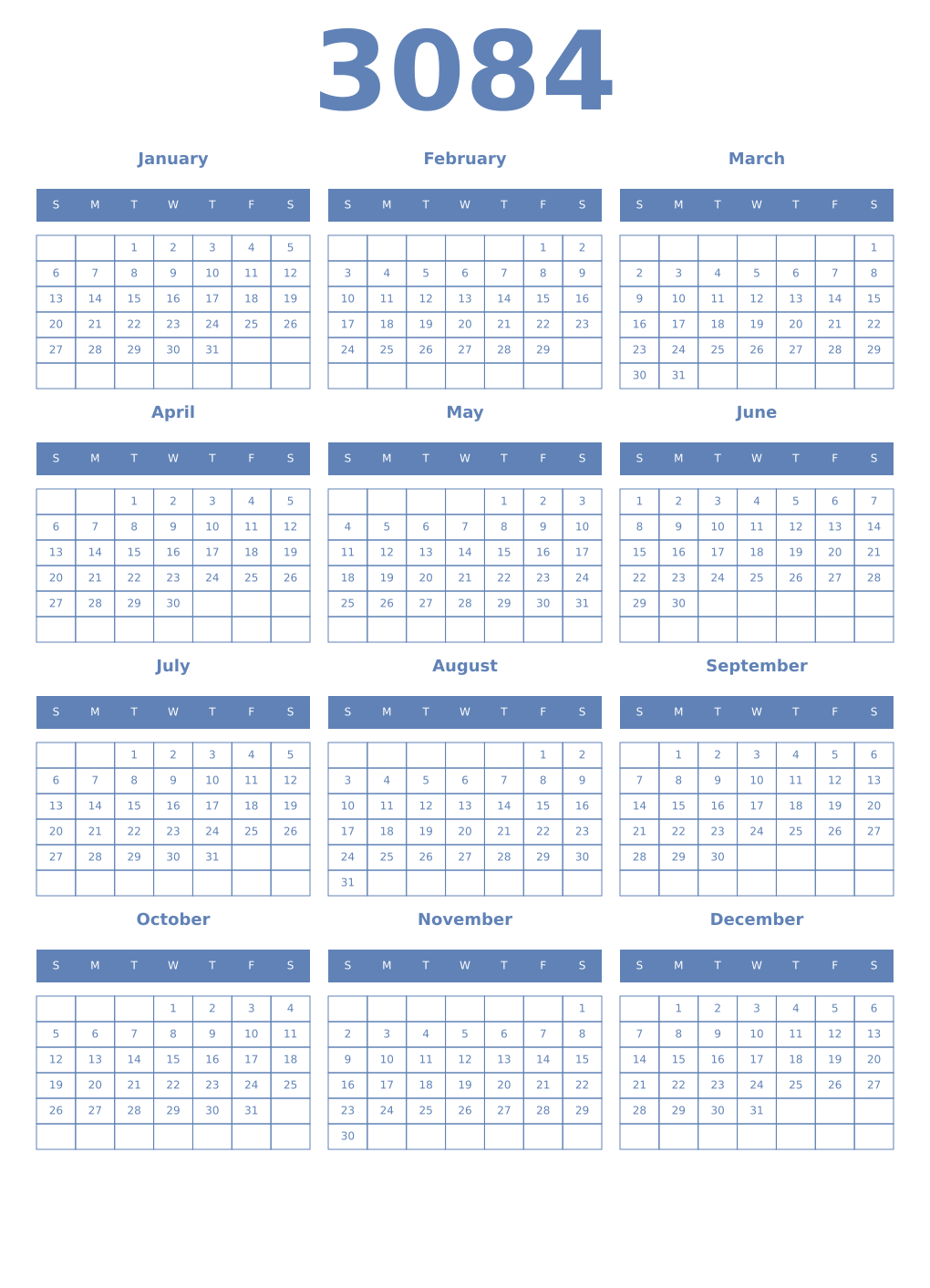 Printable 3084 Year Calendars glaucous
