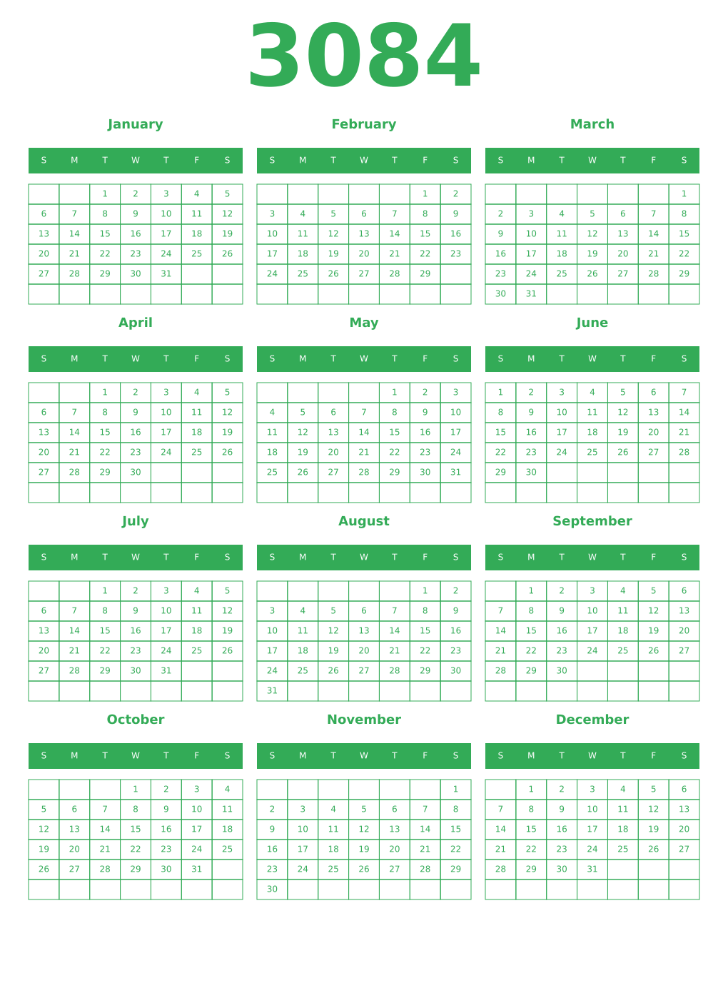 Printable 3084 Year Calendars green