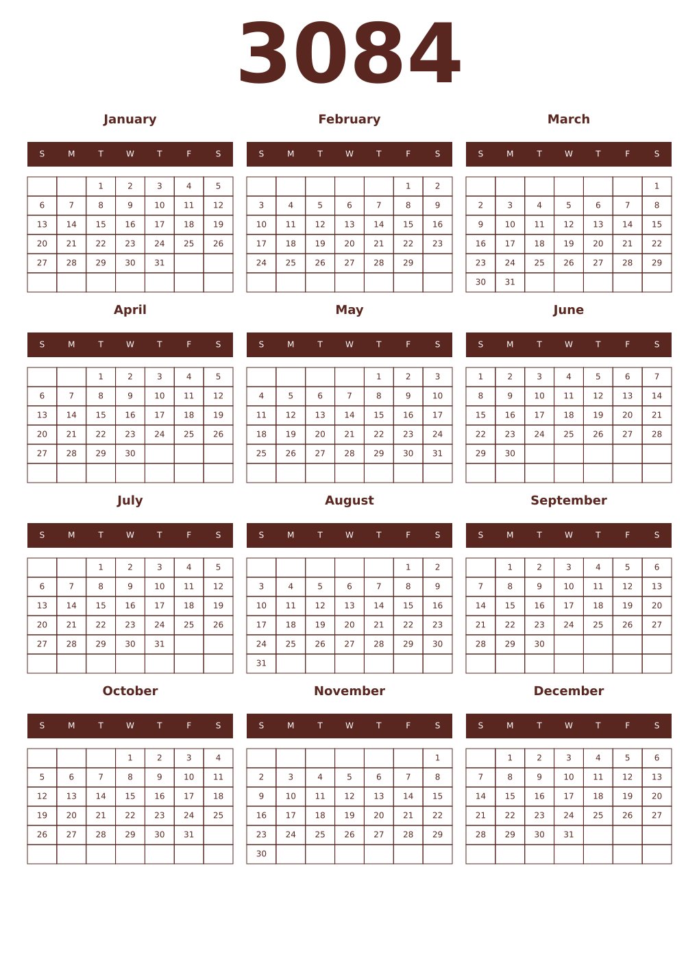 Printable 3084 Year Calendars mortuum