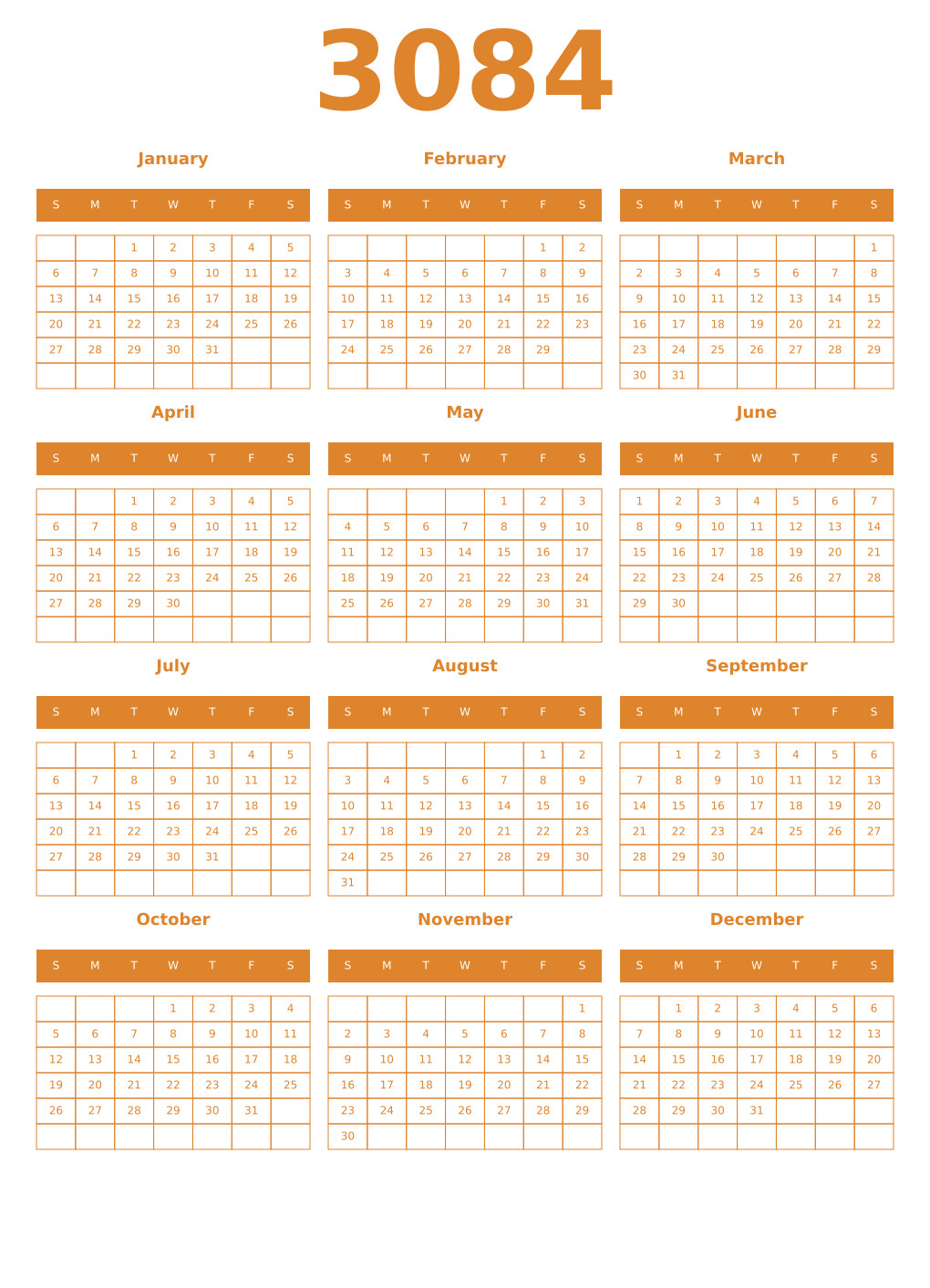 Printable 3084 Year Calendars orange