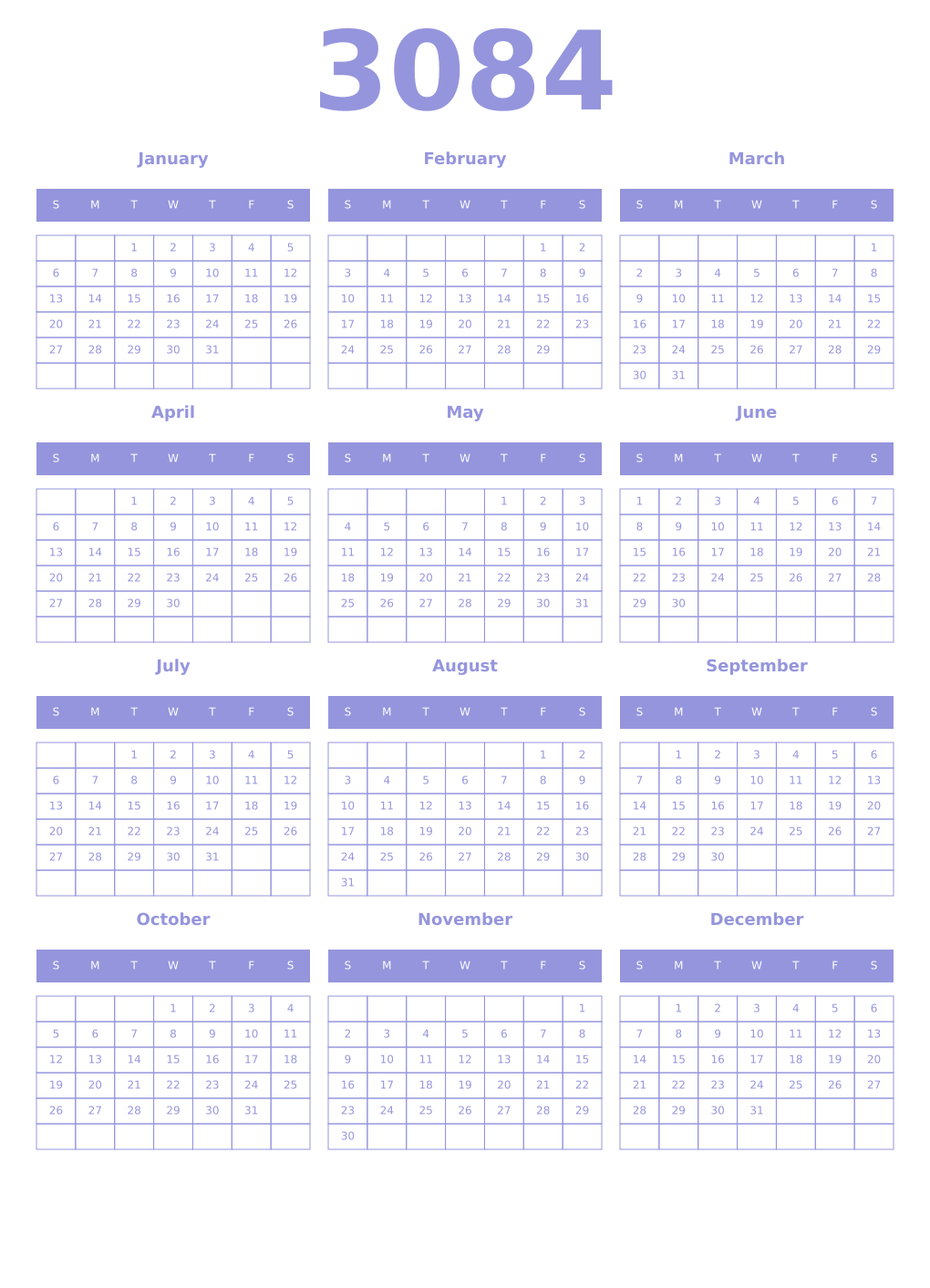Printable 3084 Year Calendars periwinkle