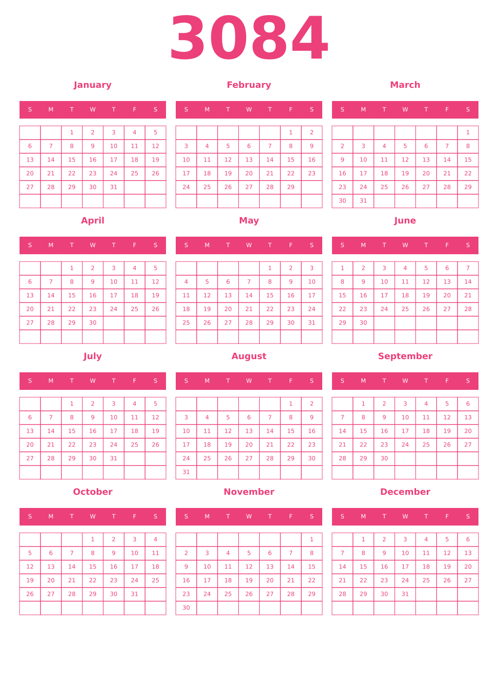 Printable 3084 Year Calendars pink