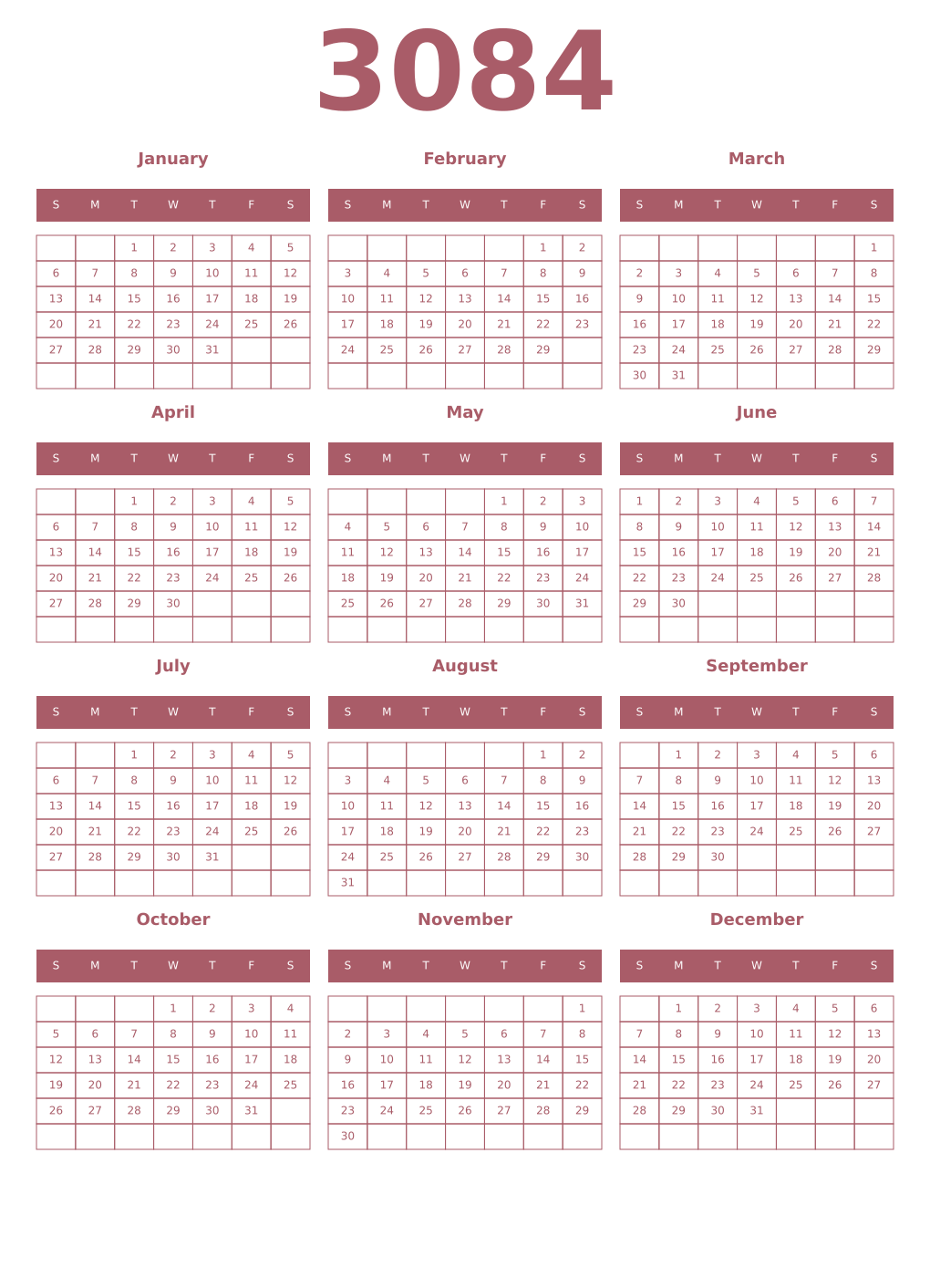 Printable 3084 Year Calendars puce