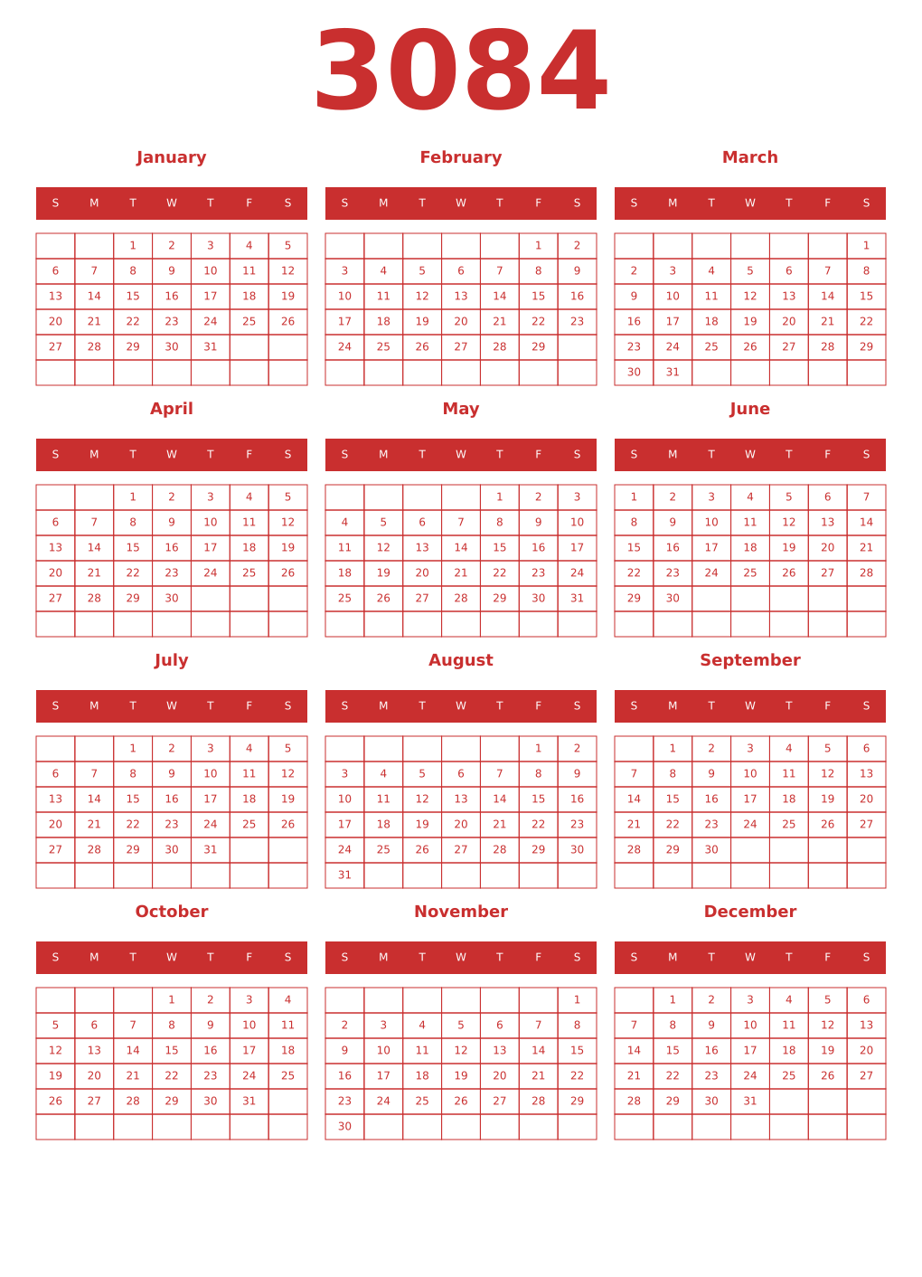 Printable 3084 Year Calendars red