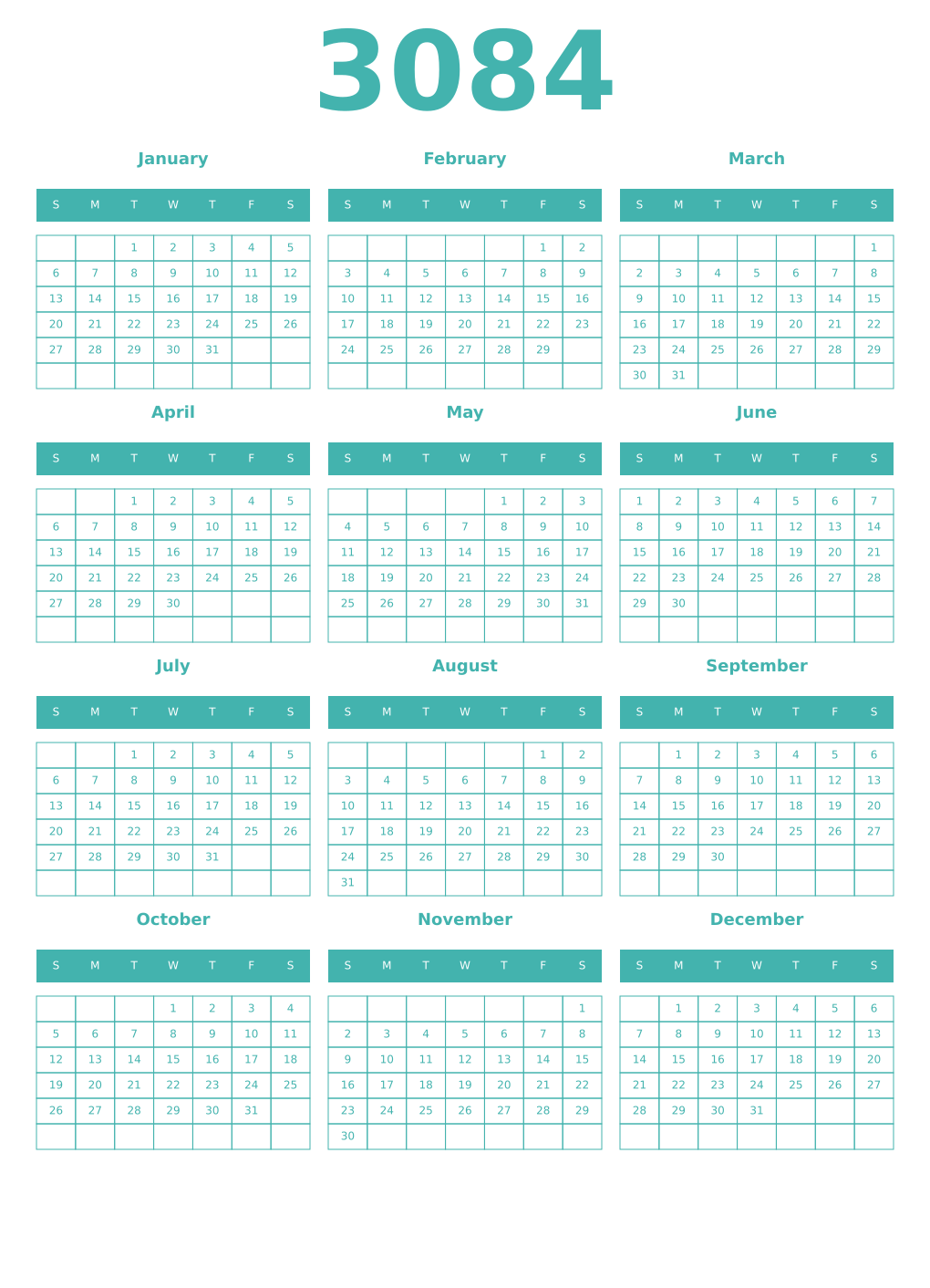 Printable 3084 Year Calendars verdigris