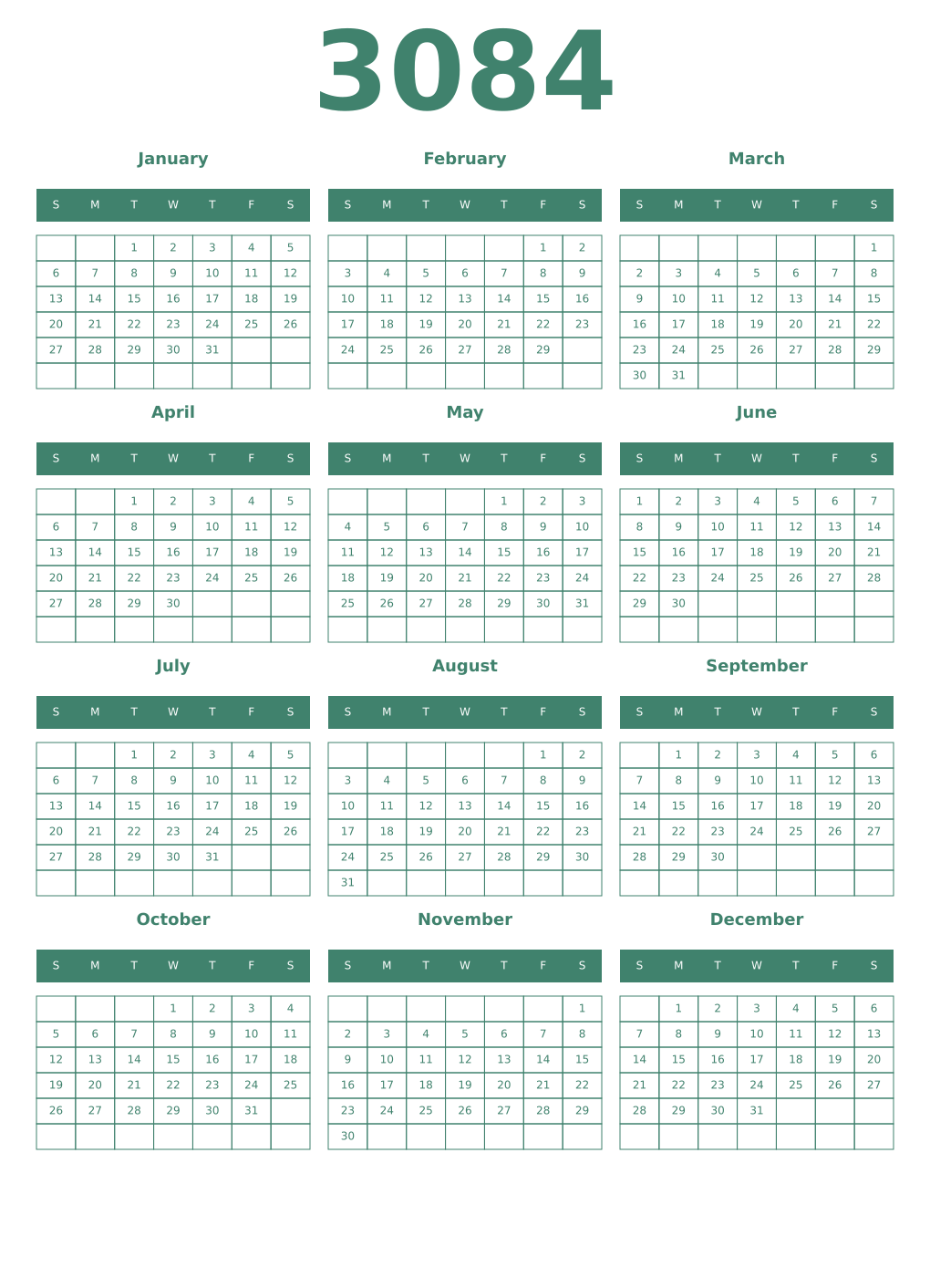 Printable 3084 Year Calendars viridian