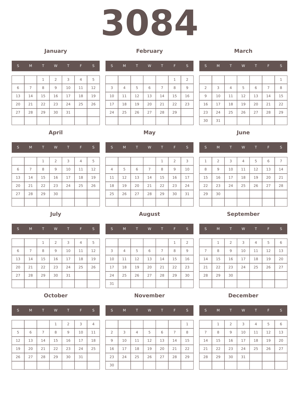 Printable 3084 Year Calendars wenge