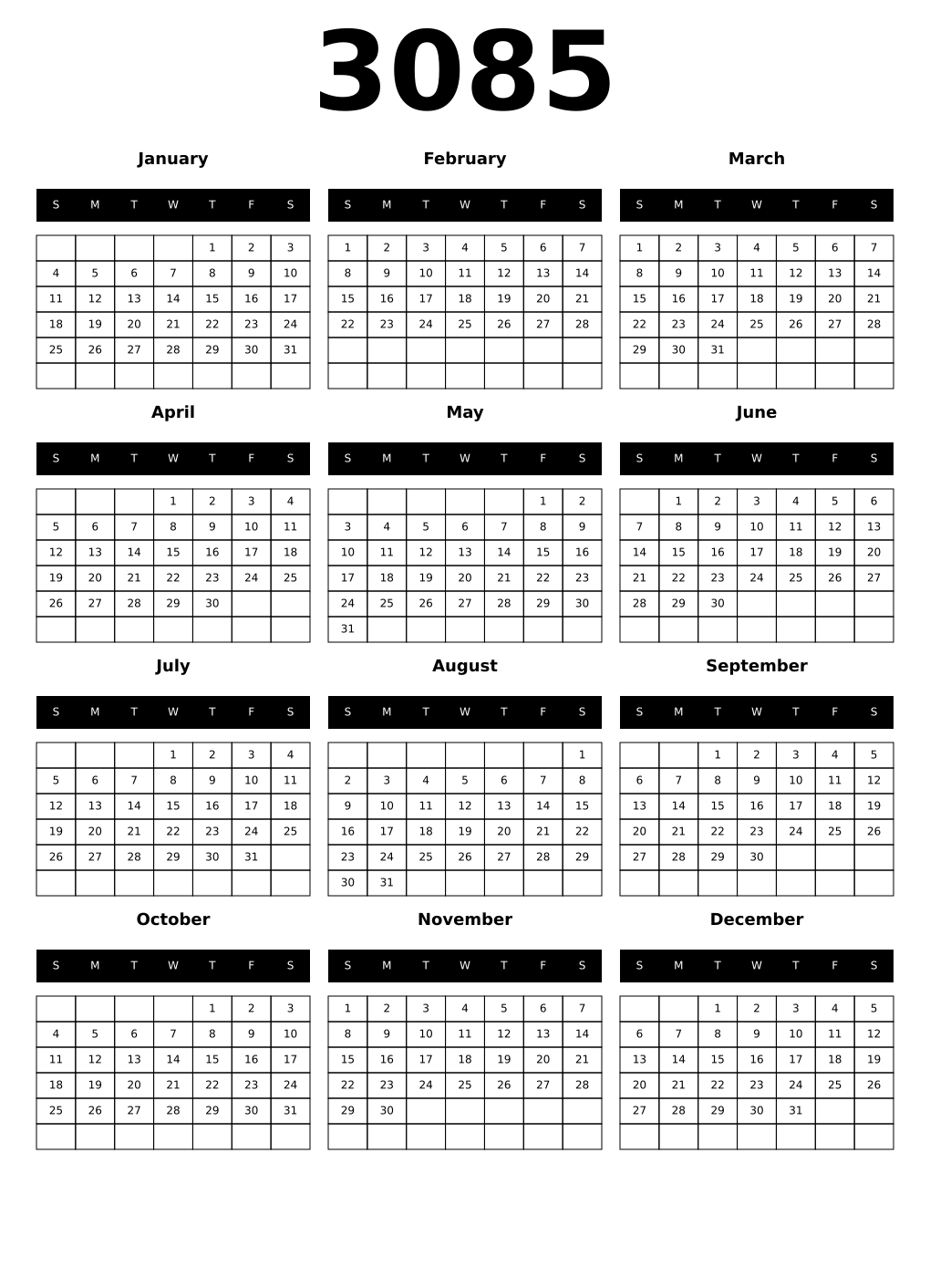 Printable 3085 Year Calendars black