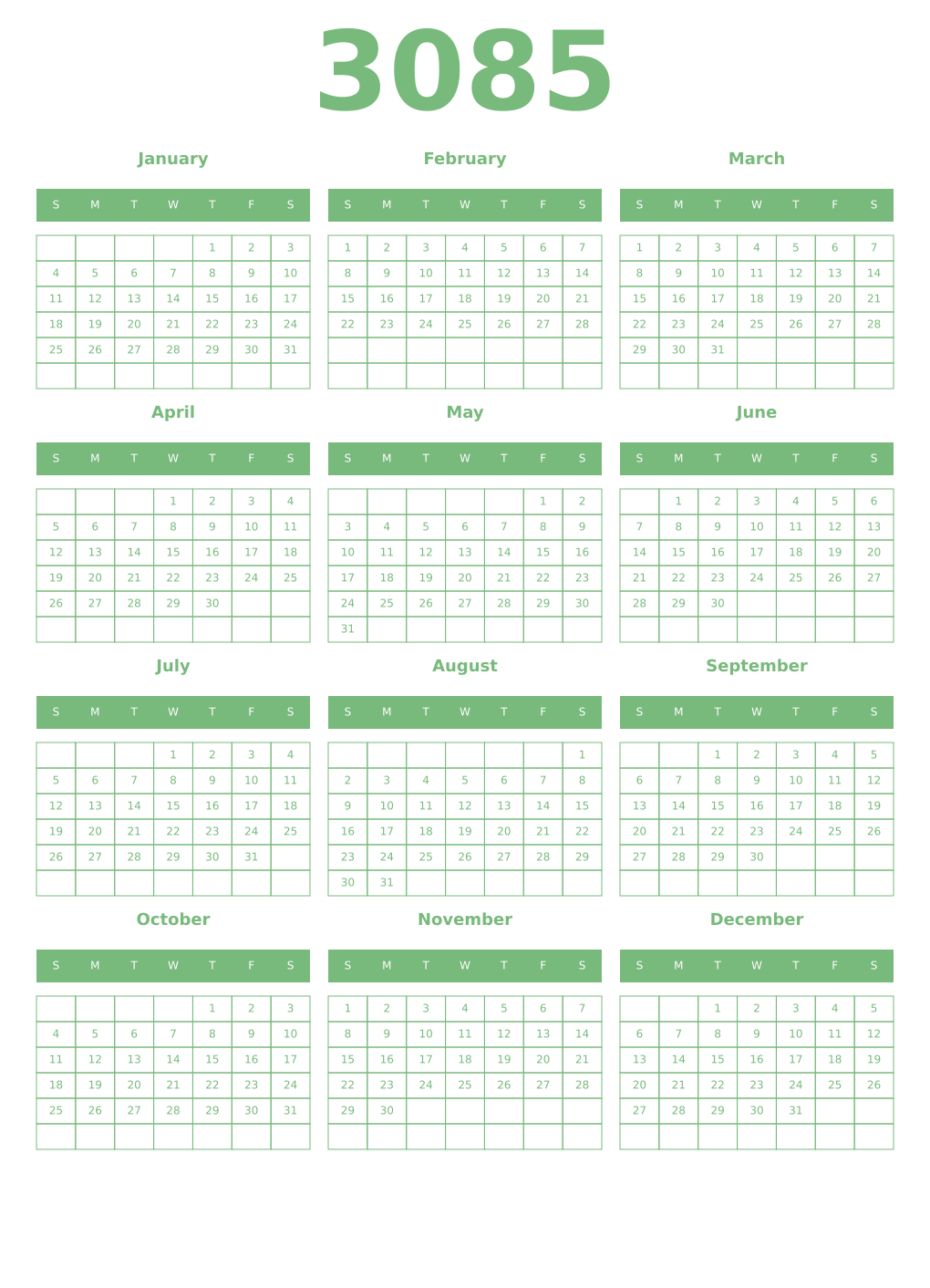 Printable 3085 Year Calendars celadon