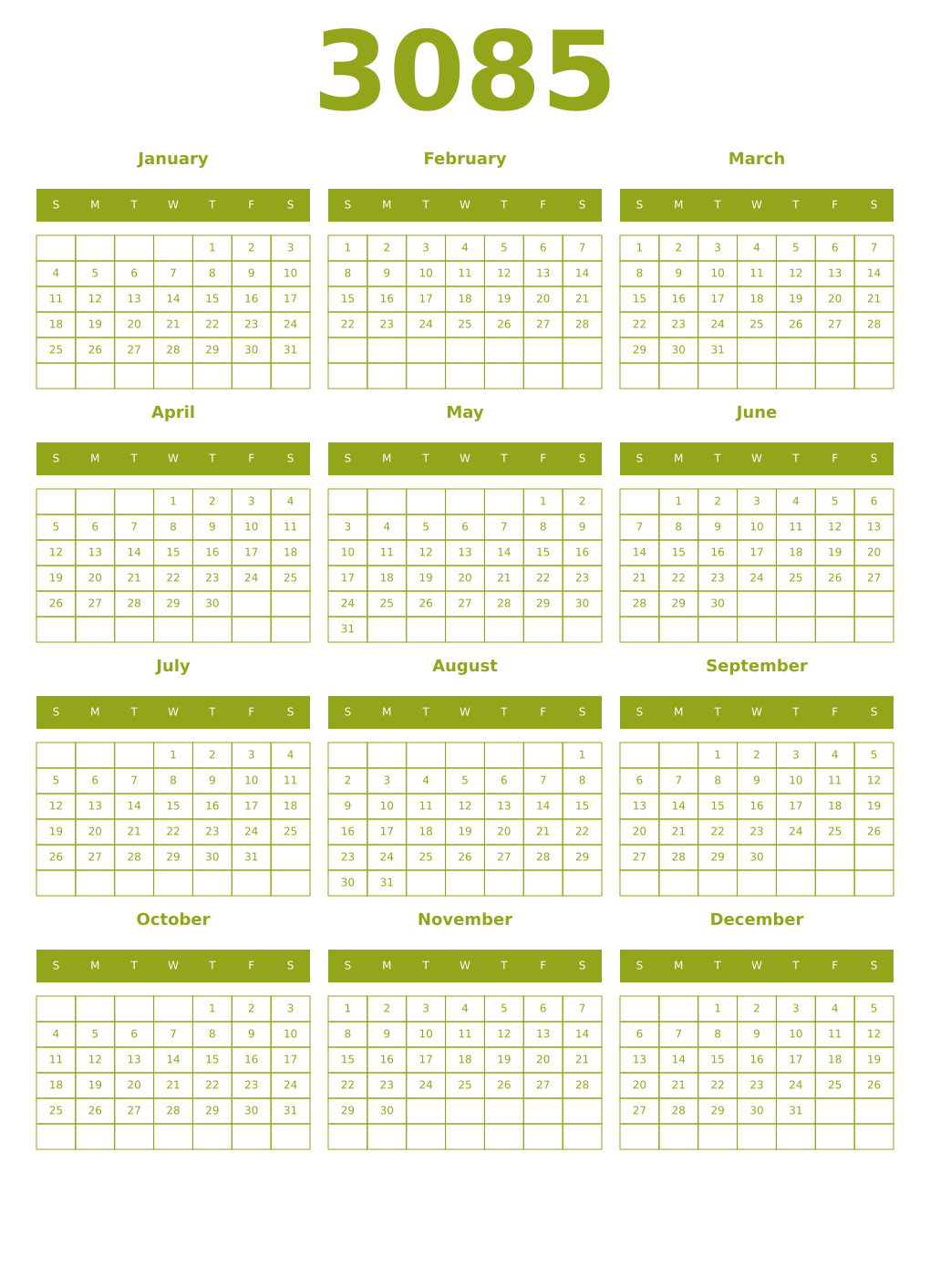 Printable 3085 Year Calendars chartreuse