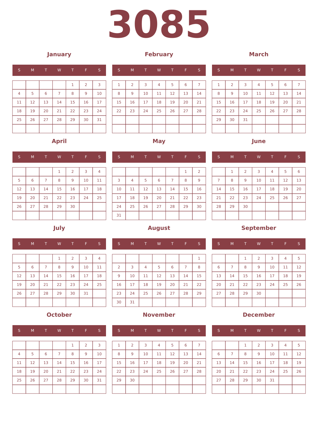Printable 3085 Year Calendars cordovan