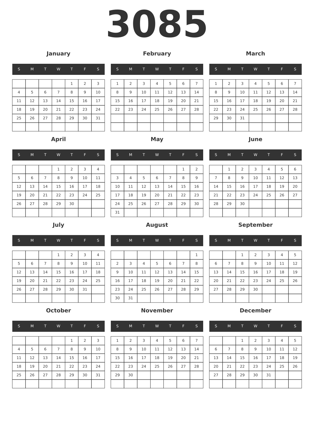 Printable 3085 Year Calendars dark