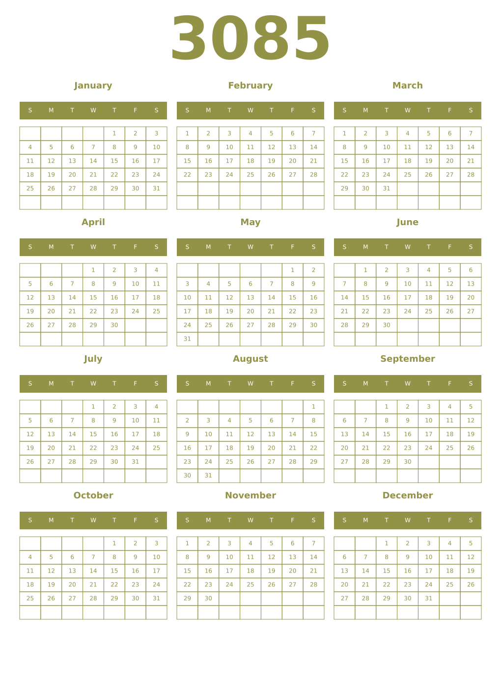 Printable 3085 Year Calendars eburnean