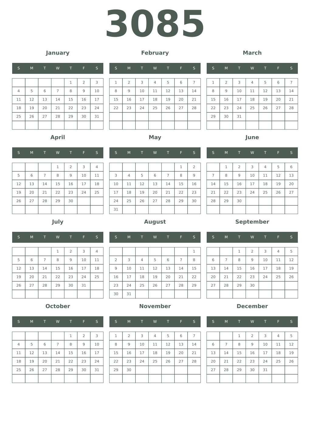 Printable 3085 Year Calendars feldgrau