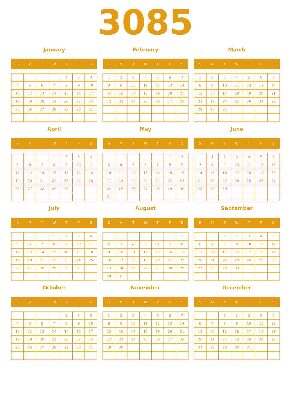 Printable 3085 Year Calendars gamboge