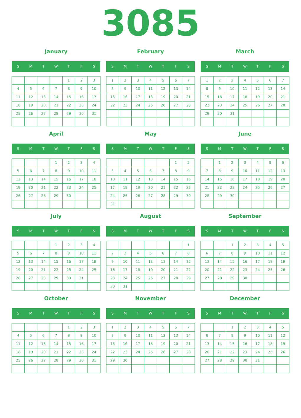 Printable 3085 Year Calendars green