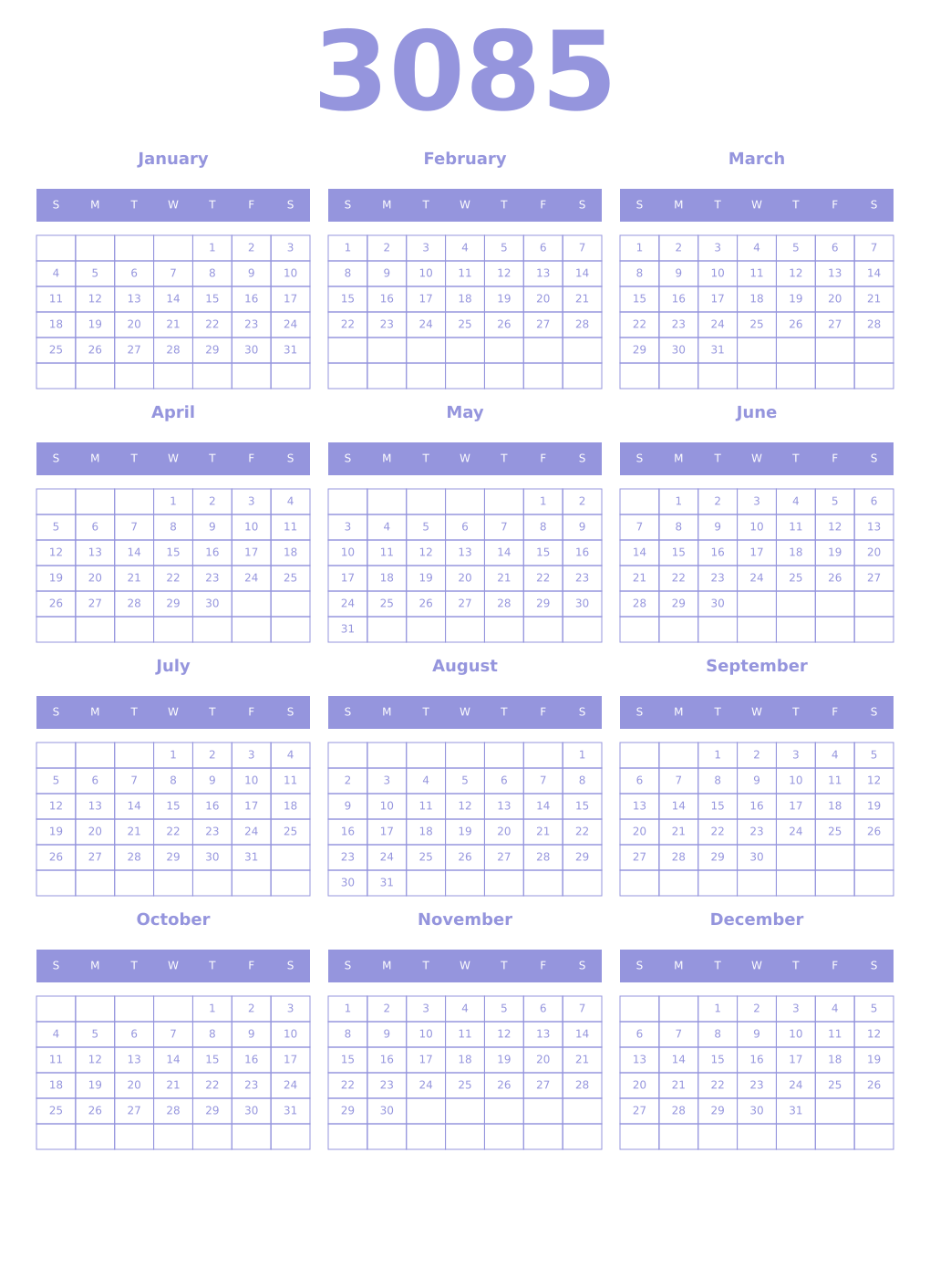 Printable 3085 Year Calendars periwinkle