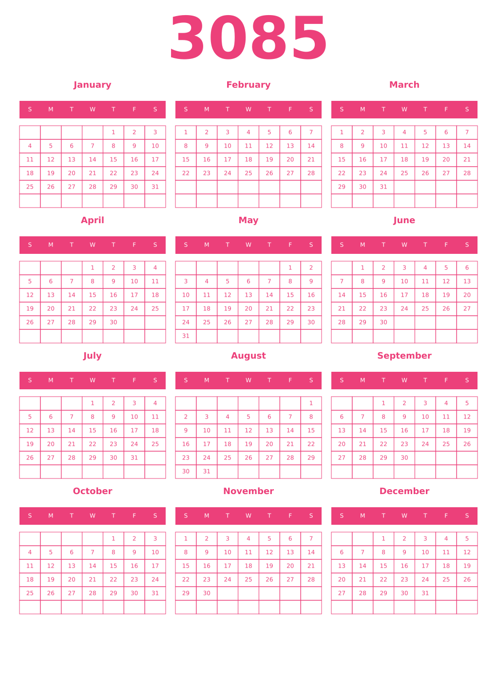 Printable 3085 Year Calendars pink