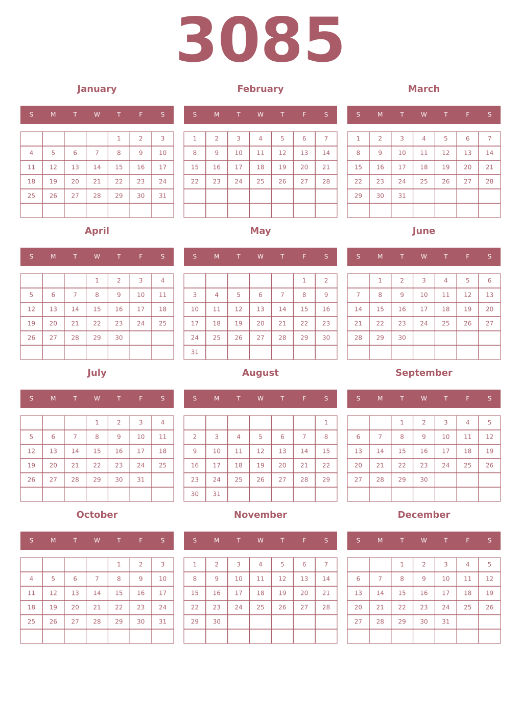 Printable 3085 Year Calendars puce