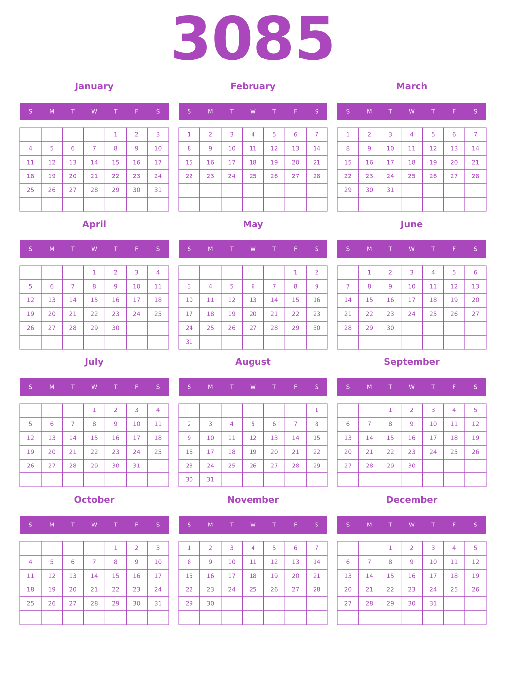 Printable 3085 Year Calendars purple