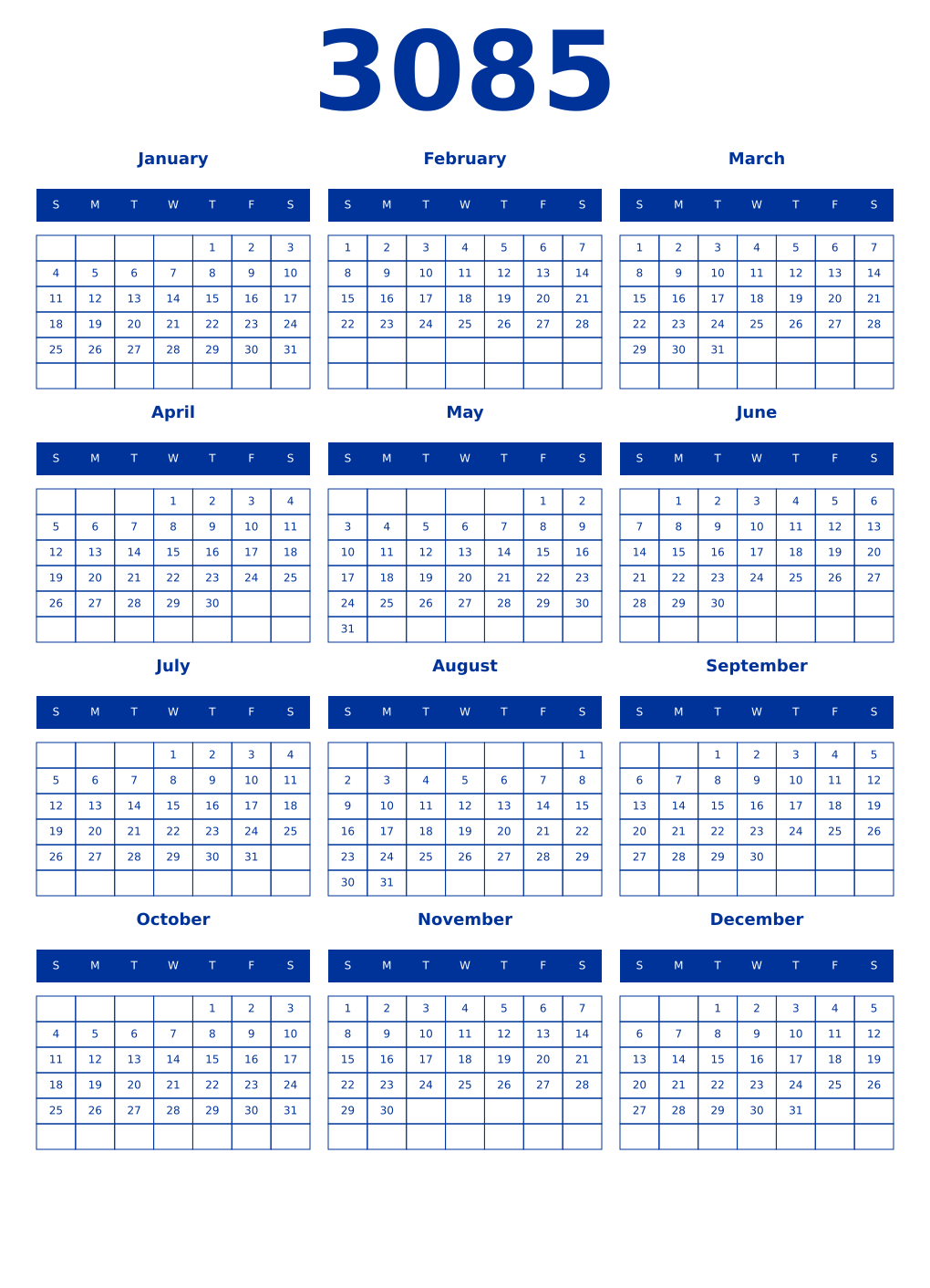Printable 3085 Year Calendars smalt