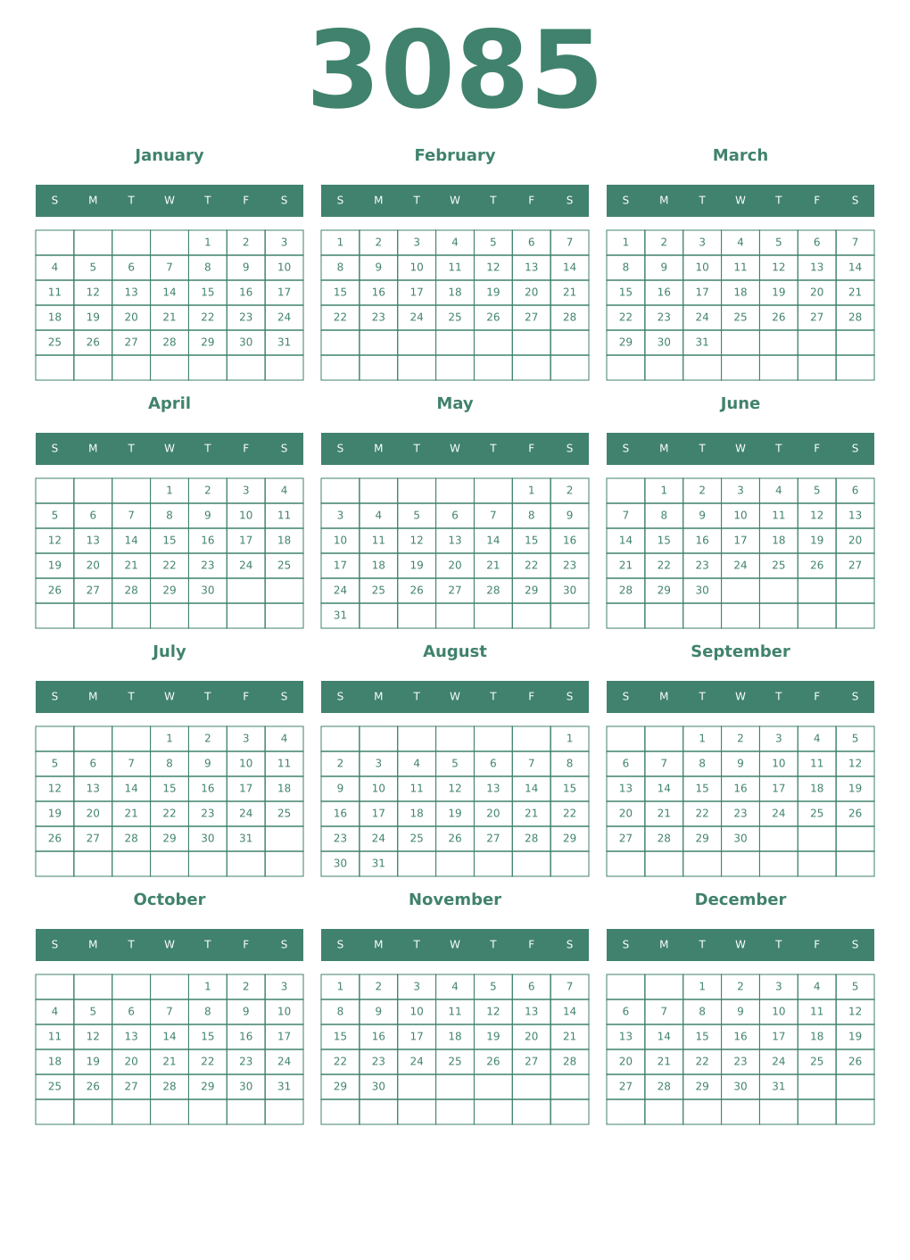 Printable 3085 Year Calendars viridian