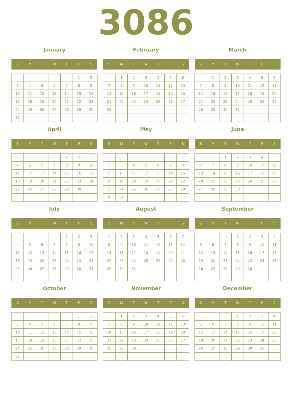 Printable 3086 Year Calendars eburnean