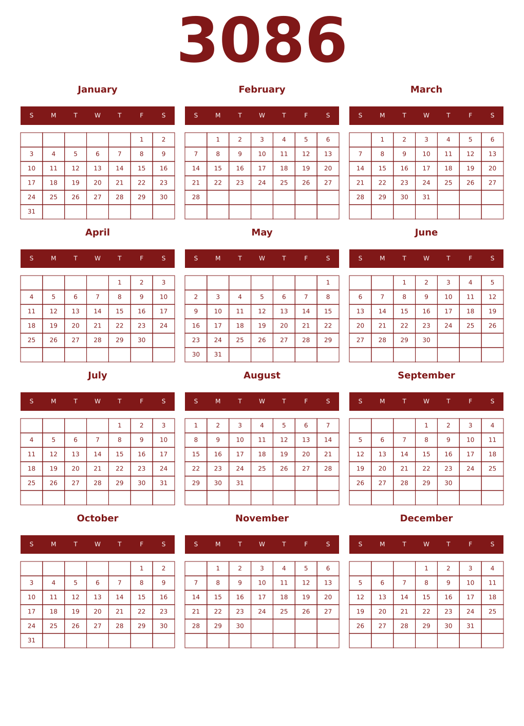 Printable 3086 Year Calendars falu