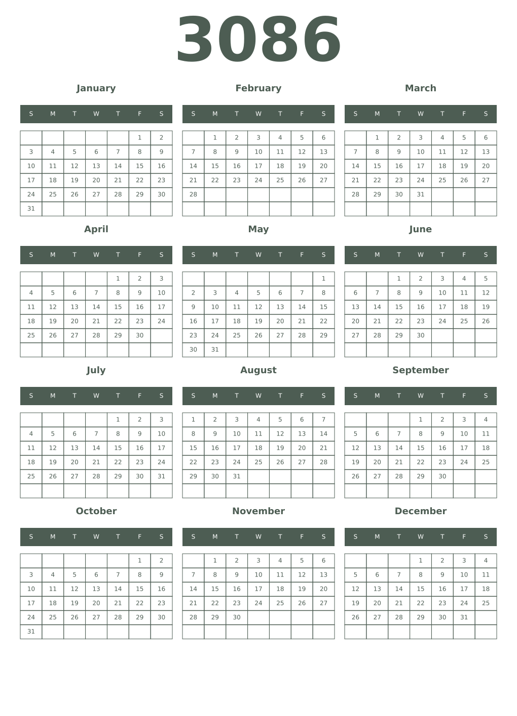 Printable 3086 Year Calendars feldgrau