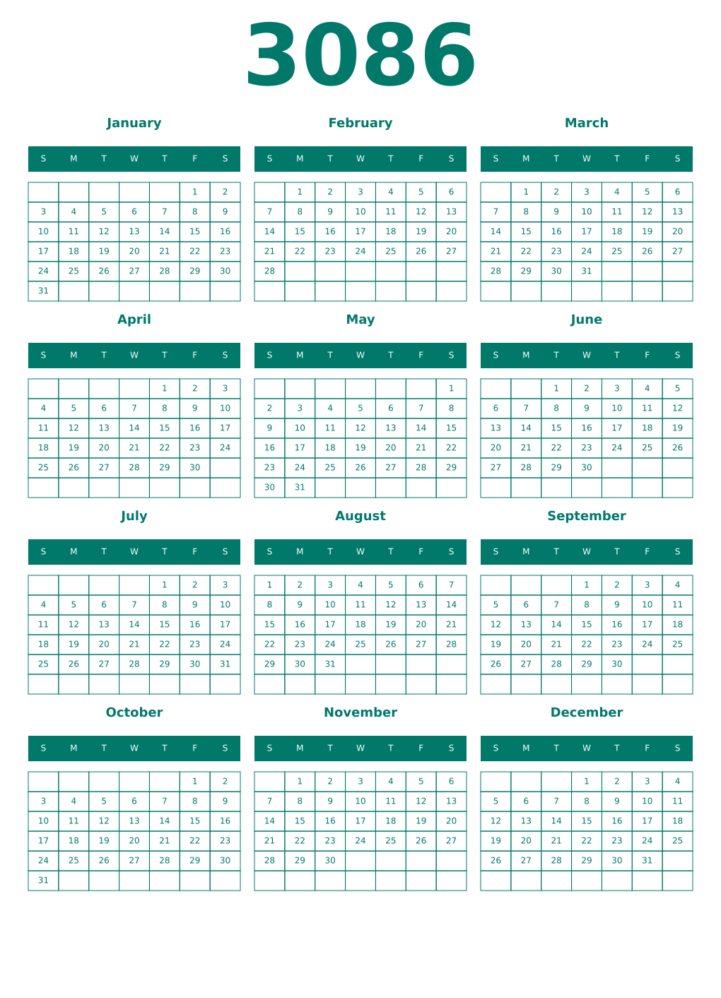 Printable 3086 Year Calendars pastel