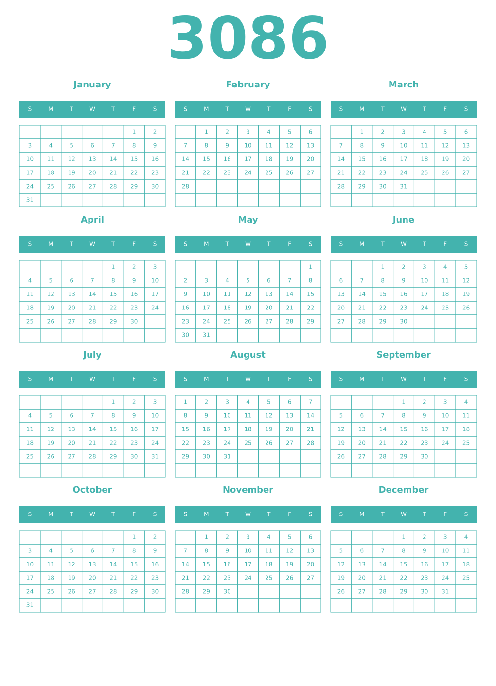 Printable 3086 Year Calendars verdigris