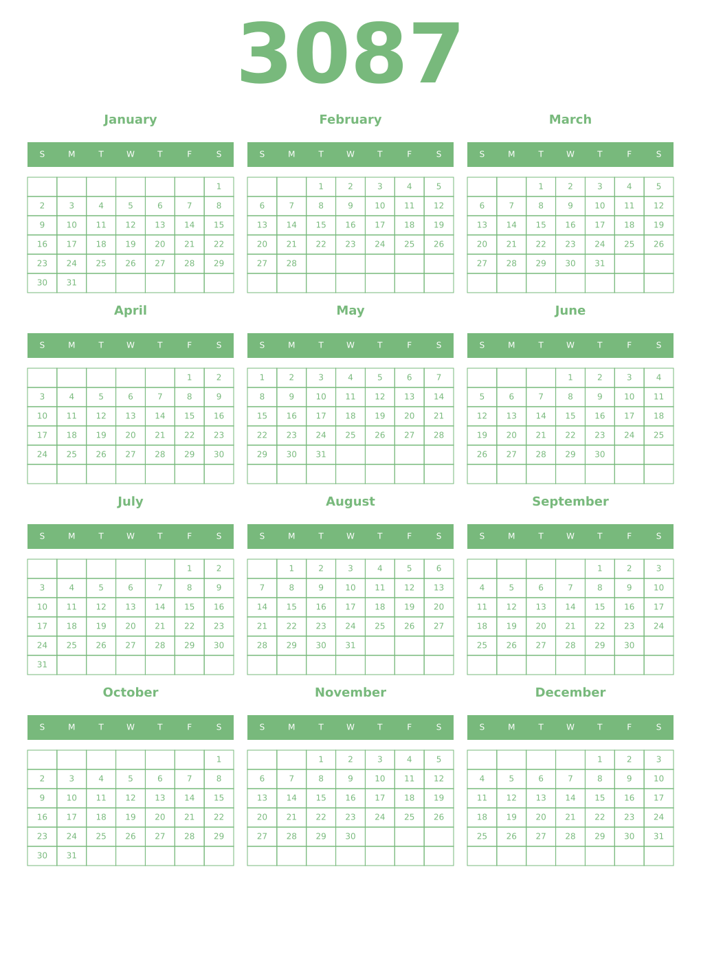 Printable 3087 Year Calendars celadon