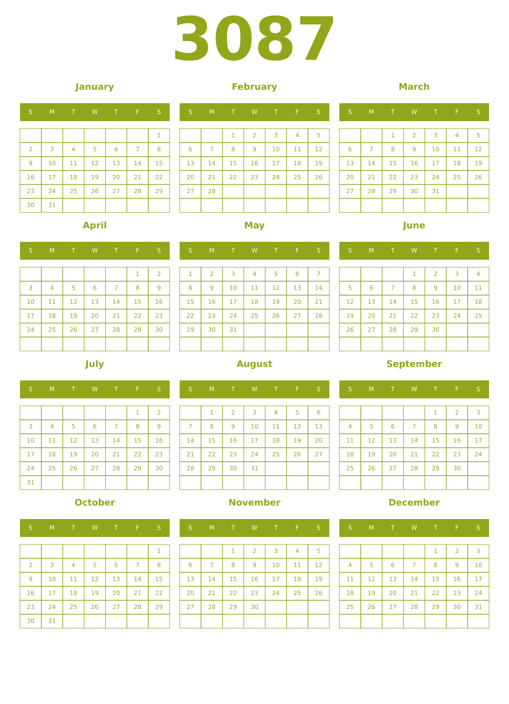 Printable 3087 Year Calendars chartreuse