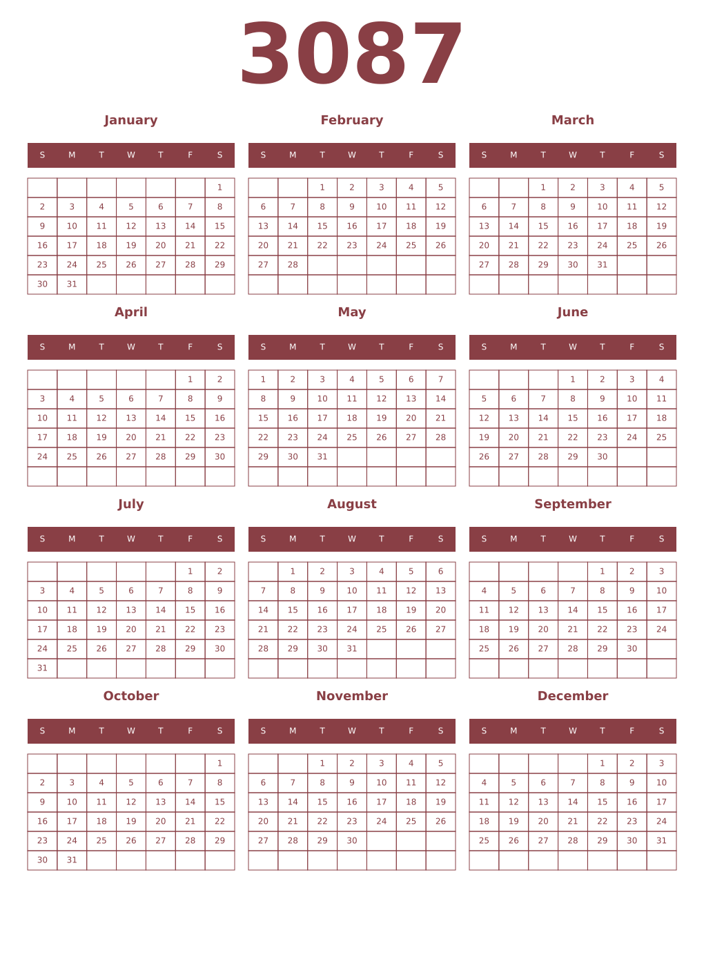 Printable 3087 Year Calendars cordovan