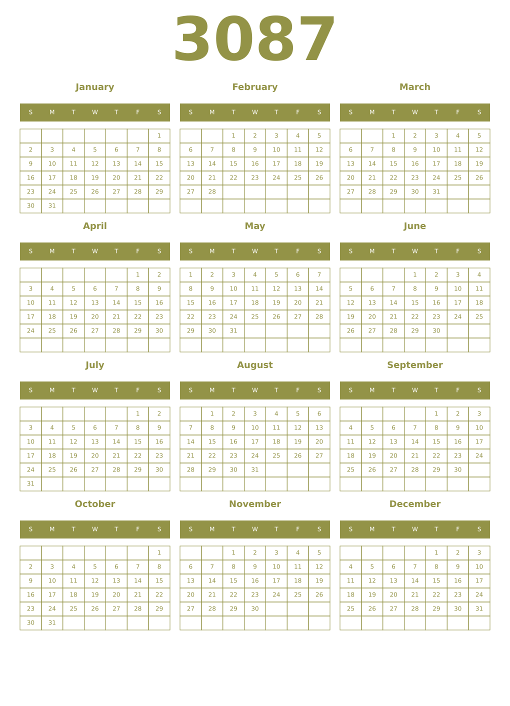 Printable 3087 Year Calendars eburnean