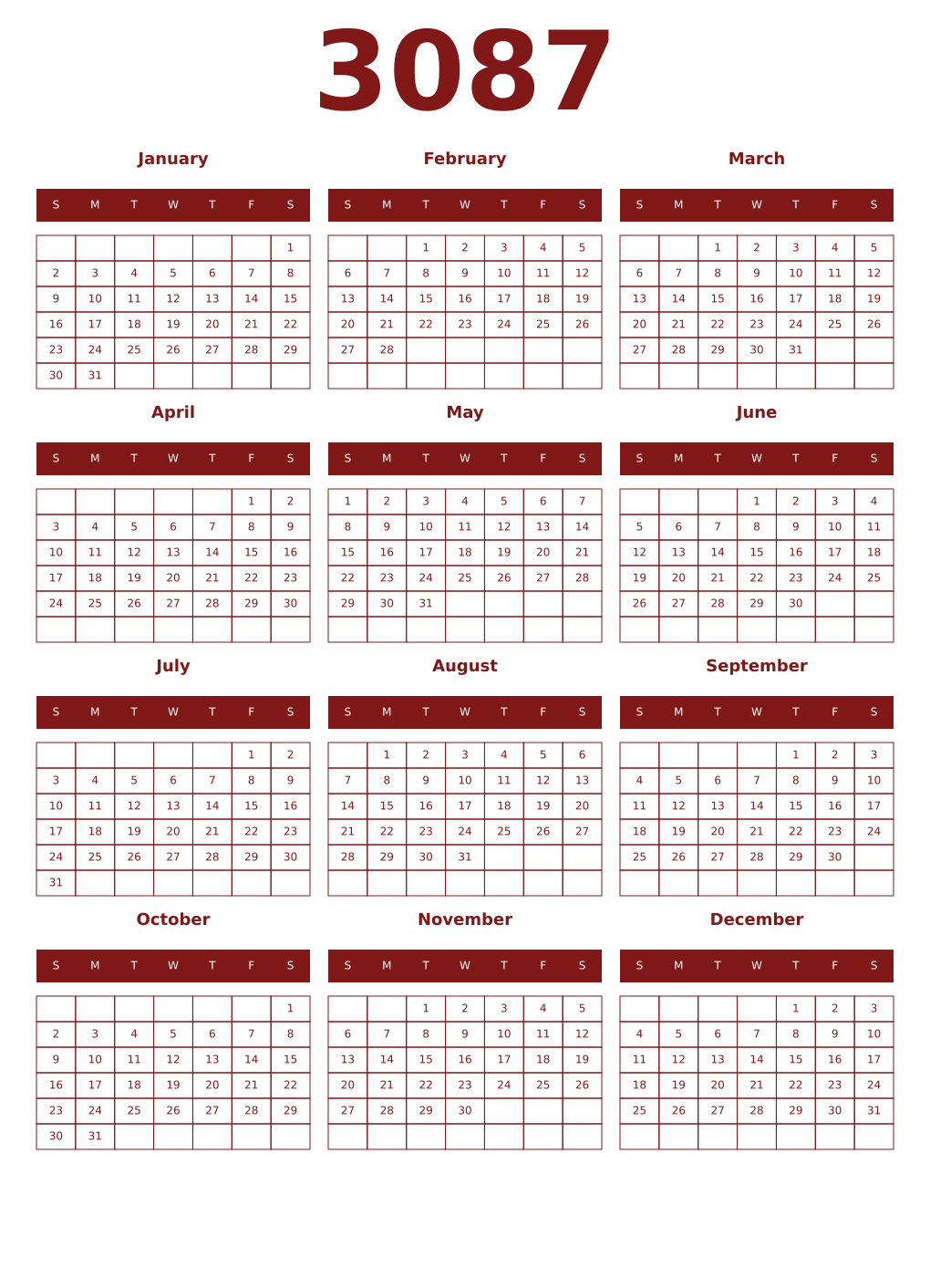 Printable 3087 Year Calendars falu