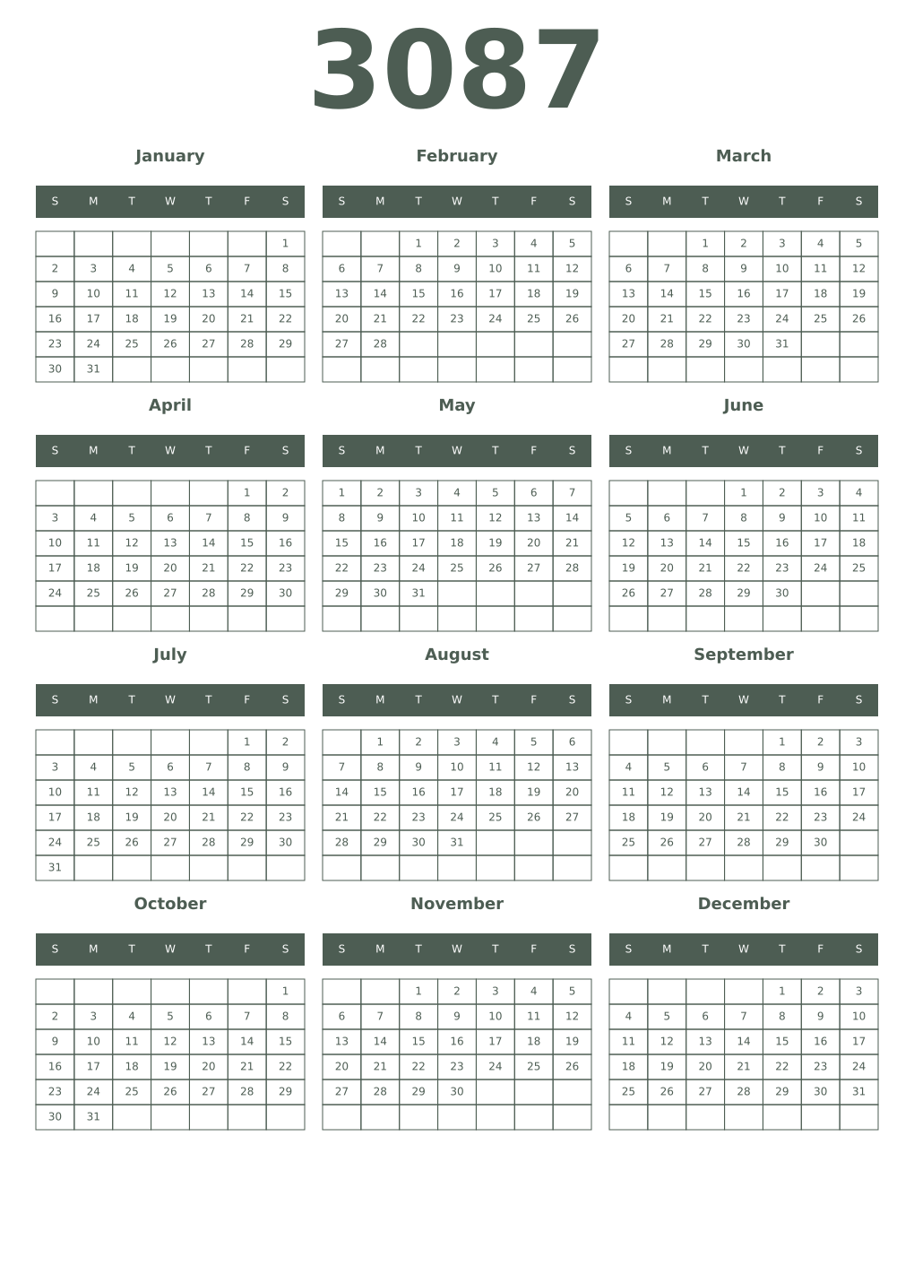 Printable 3087 Year Calendars feldgrau
